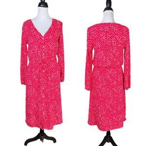 GAP Red Colorful Micro Floral Long Sleeve Tie Waist Button Front Midi Dress